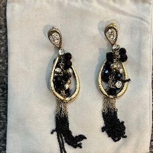 Gold and Black Beaded Teardrop Dangle Earrings - Women Jewelry